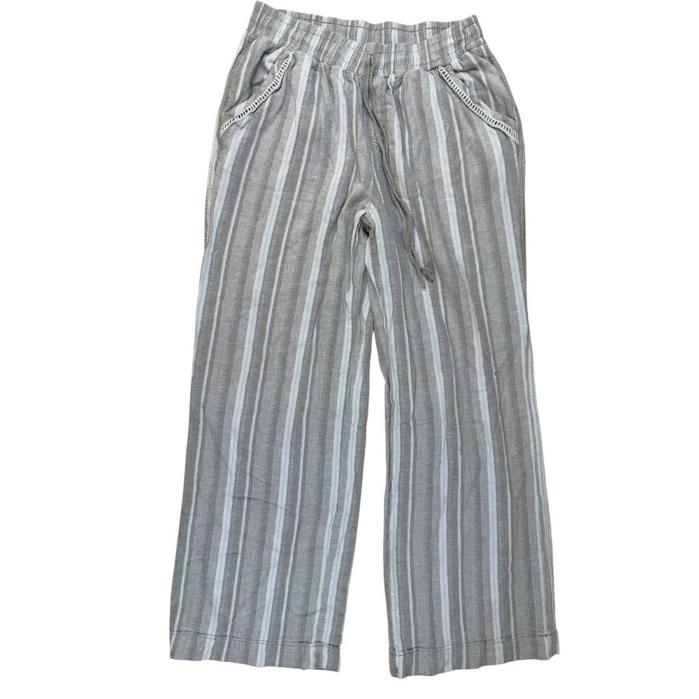 Coastal Striped Wide Culotte Leg Linen Blend Pants Crochet Trim M Briggs